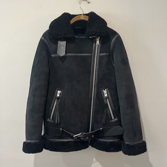 AllSaints Jackets & Blazers - All Saints Rei Jacket Womens Small Black Shearling Sheepskin Lamb Leather Biker